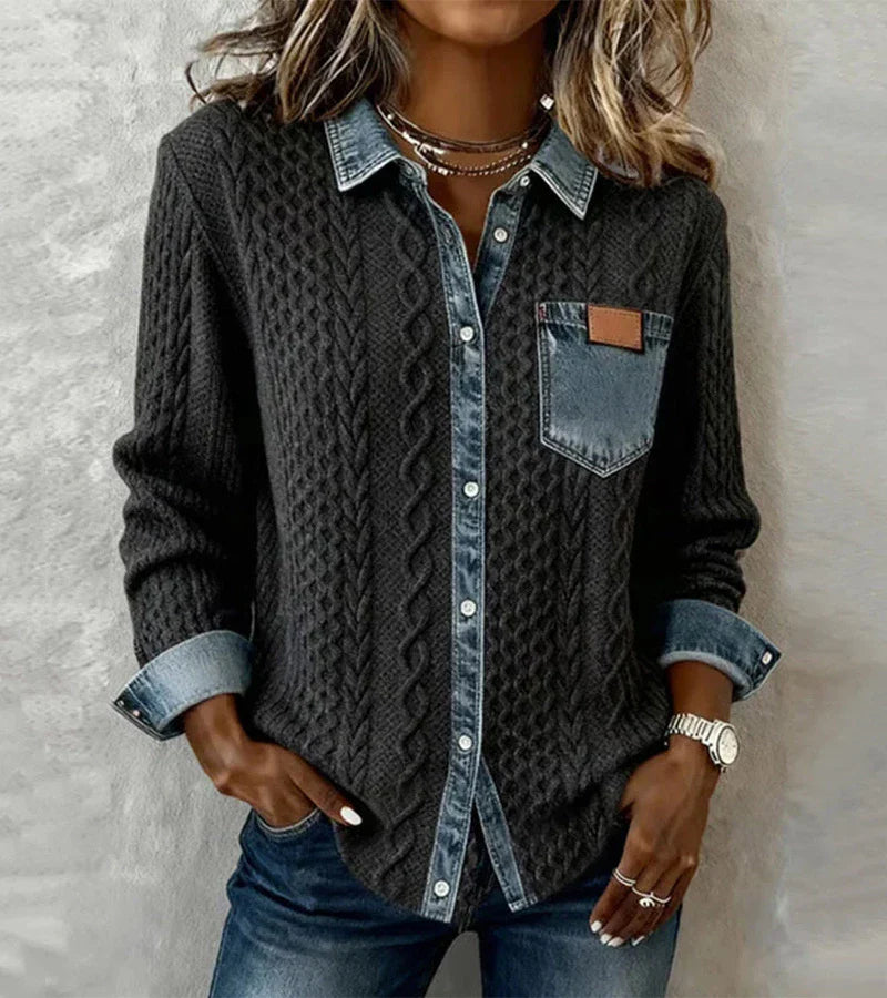 Alice | Patchwork-Stricktop mit Denim-Details